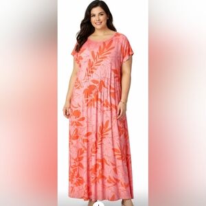 Lands End Womens Pink Tropical Jersey Maxi Dress Size 1X Hawaiian Beachy Travel